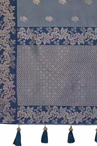 Women steel grey silk blend banarasi jacquard woven saree with blouse