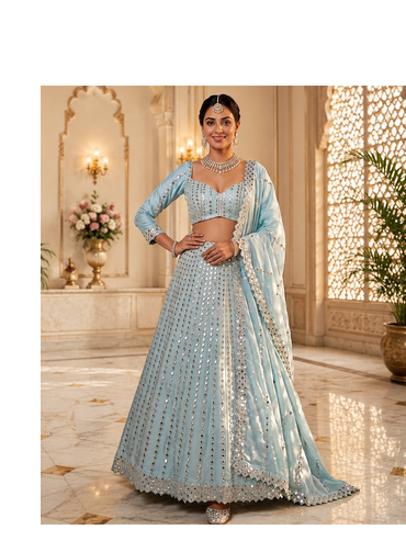 sky blue color Embroidery Coding Work Heavy Foil Mirror Work Silk blend Lehenga Choli Set 1