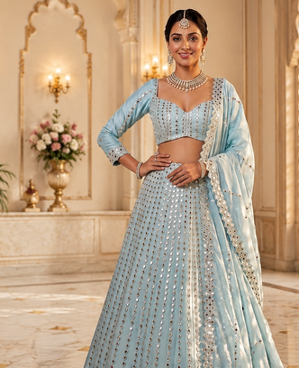 sky blue color Embroidery Coding Work Heavy Foil Mirror Work Silk blend Lehenga Choli Set