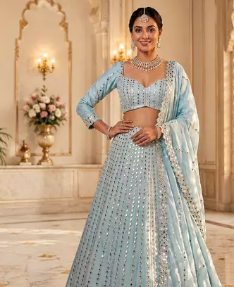 sky blue color Embroidery Coding Work Heavy Foil Mirror Work Silk blend Lehenga Choli Set