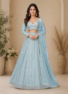 sky blue color Embroidery Coding Work Heavy Foil Mirror Work Silk blend Lehenga Choli Set 1