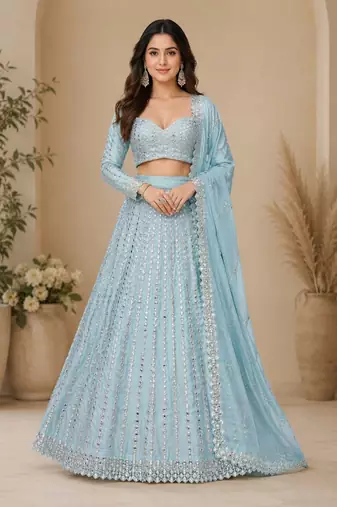 sky blue color Embroidery Coding Work Heavy Foil Mirror Work Silk blend Lehenga Choli Set