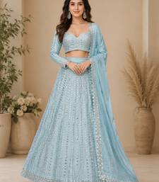 sky blue color Embroidery Coding Work Heavy Foil Mirror Work Silk blend Lehenga Choli Set
