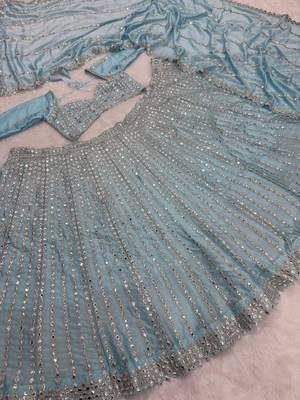 sky blue color Embroidery Coding Work Heavy Foil Mirror Work Silk blend Lehenga Choli Set 3