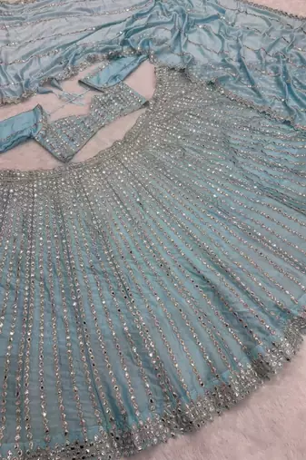 sky blue color Embroidery Coding Work Heavy Foil Mirror Work Silk blend Lehenga Choli Set