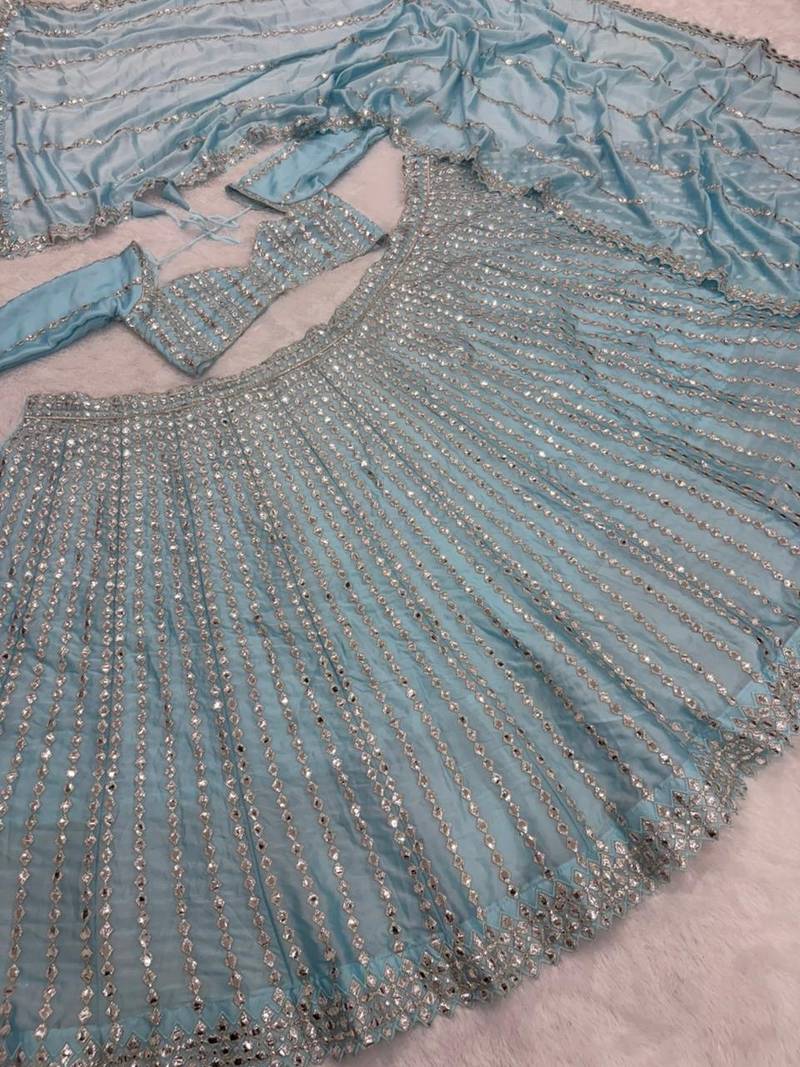 sky blue color Embroidery Coding Work Heavy Foil Mirror Work Silk blend Lehenga Choli Set