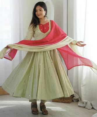 Light green roman silk blend embroidered anarkali gown set 1