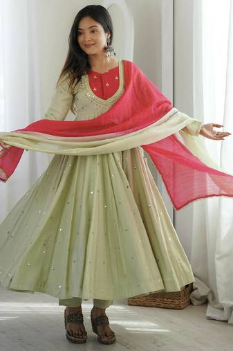 Light green roman silk blend embroidered anarkali gown set