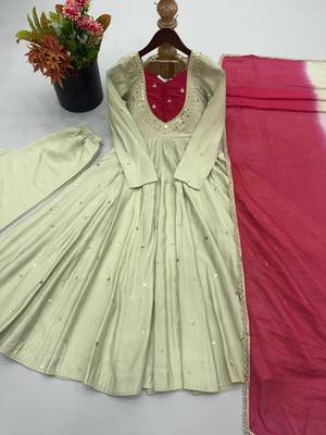 Light green roman silk blend embroidered anarkali gown set 2