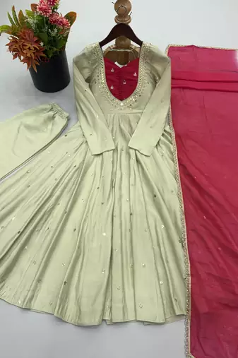 Light green roman silk blend embroidered anarkali gown set