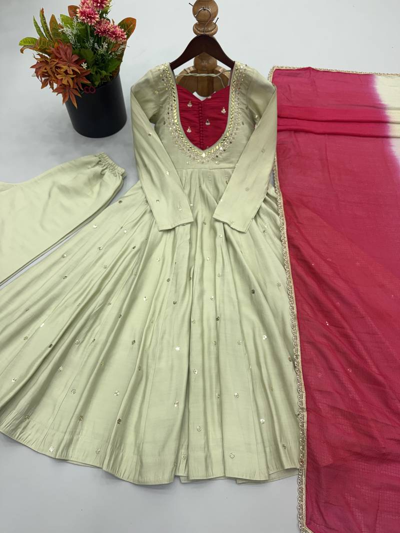 Light green roman silk blend embroidered anarkali gown set