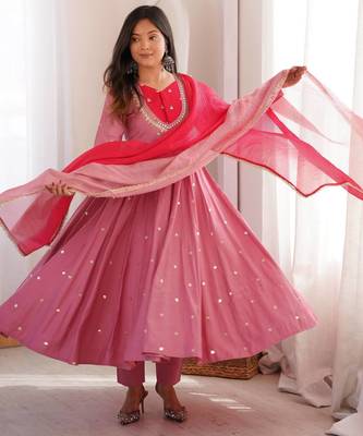Pink roman silk blend embroidered anarkali gown set 1
