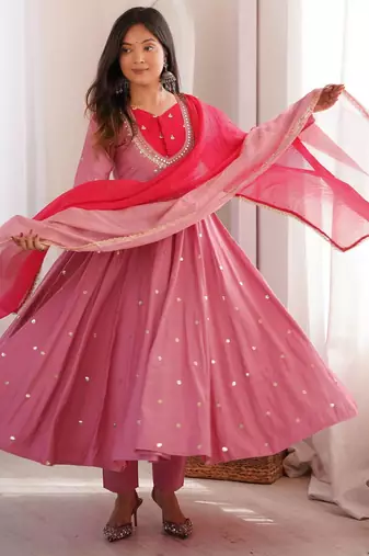 Pink roman silk blend embroidered anarkali gown set