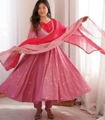 Pink roman silk blend embroidered anarkali gown set
