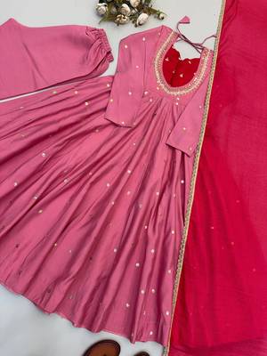 Pink roman silk blend embroidered anarkali gown set 2
