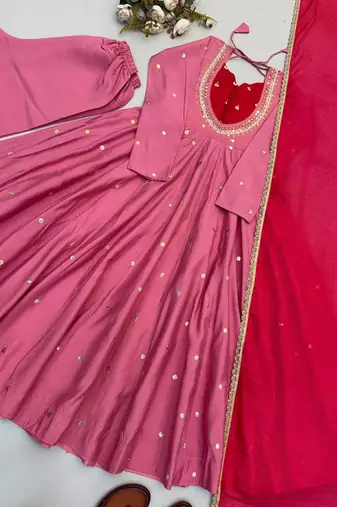 Pink roman silk blend embroidered anarkali gown set
