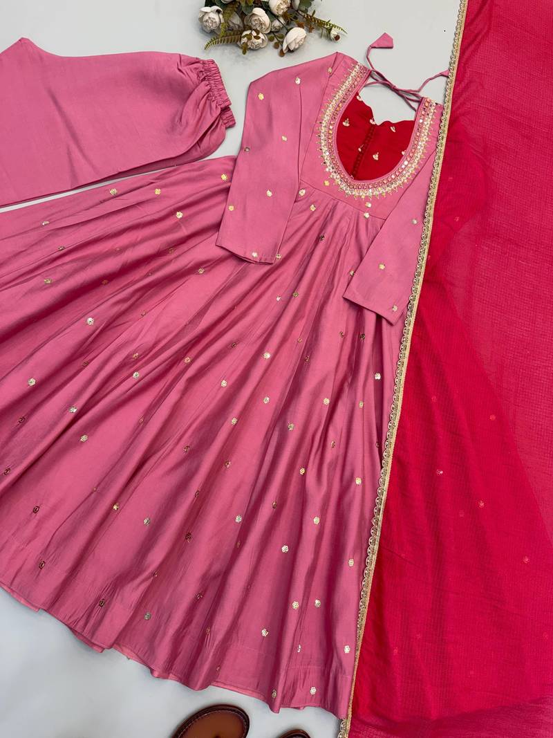 Pink roman silk blend embroidered anarkali gown set
