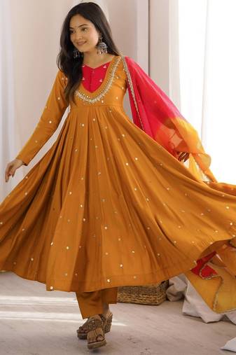 Mustard yellow roman silk blend embroidered anarkali gown set