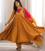 Mustard yellow roman silk blend embroidered anarkali gown set