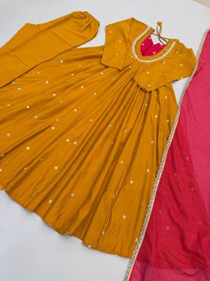 Mustard yellow roman silk blend embroidered anarkali gown set 2