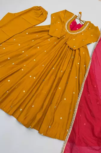 Mustard yellow roman silk blend embroidered anarkali gown set