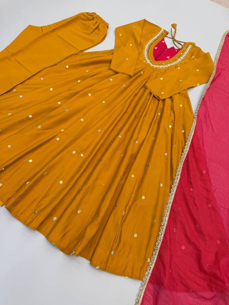 Mustard yellow roman silk blend embroidered anarkali gown set