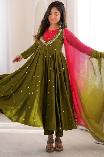 Olive roman silk blend embroidered anarkali gown set