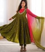 Olive roman silk blend embroidered anarkali gown set
