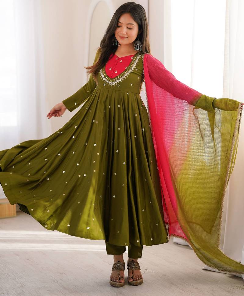 Olive roman silk blend embroidered anarkali gown set