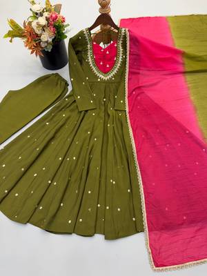 Olive roman silk blend embroidered anarkali gown set 2
