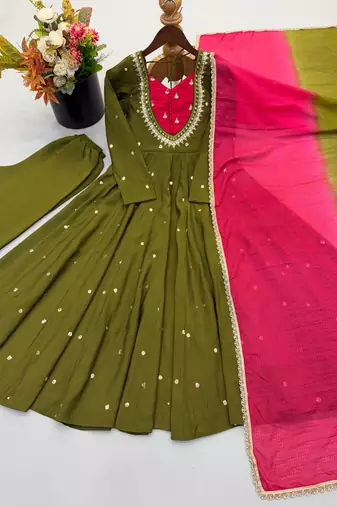 Olive roman silk blend embroidered anarkali gown set