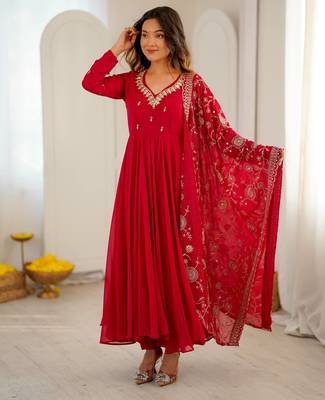 Red georgette khatli mirror work gown set with dupatta 1