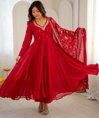 Red georgette khatli mirror work gown set with dupatta 2