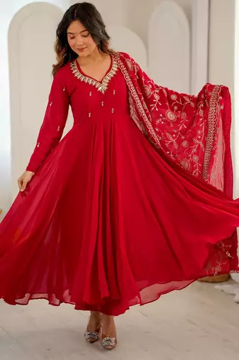 Red georgette khatli mirror work gown set with dupatta