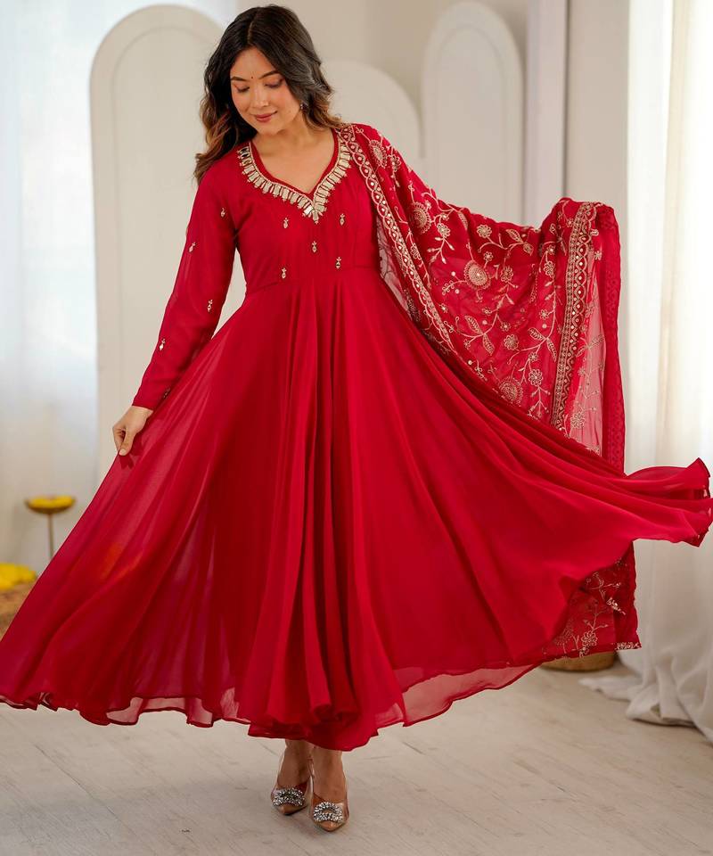 Red georgette khatli mirror work gown set with dupatta