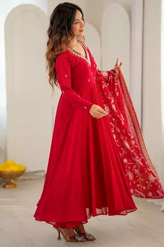 Red georgette khatli mirror work gown set with dupatta