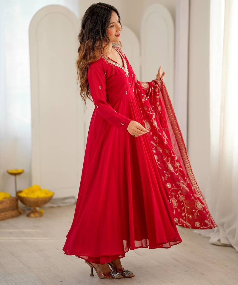 Red georgette khatli mirror work gown set with dupatta