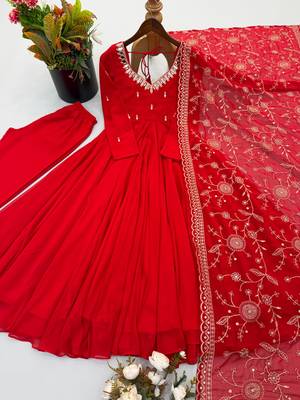 Red georgette khatli mirror work gown set with dupatta 4