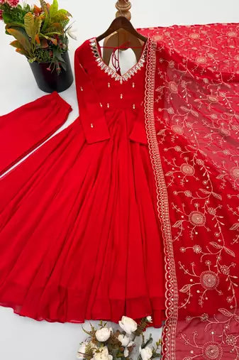 Red georgette khatli mirror work gown set with dupatta