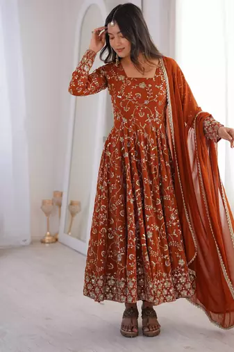 Rust orange georgette embroidered anarkali gown set with dupatta