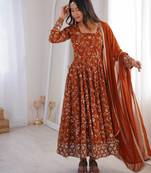 Rust orange georgette embroidered anarkali gown set with dupatta