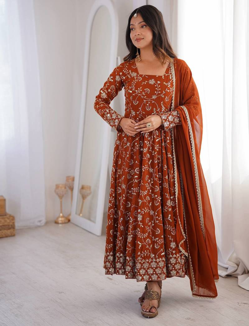 Rust orange georgette embroidered anarkali gown set with dupatta