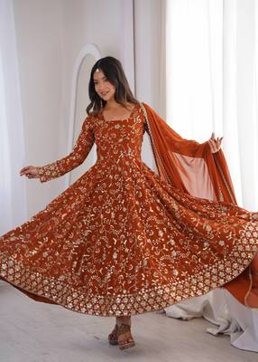 Rust orange georgette embroidered anarkali gown set with dupatta 3