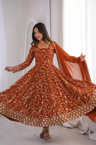 Rust orange georgette embroidered anarkali gown set with dupatta