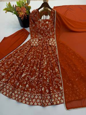 Rust orange georgette embroidered anarkali gown set with dupatta 4
