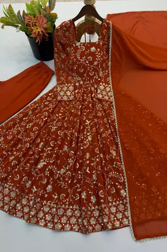 Rust orange georgette embroidered anarkali gown set with dupatta