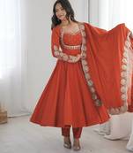Roman silk blend embroidered gown set with chanderi dupatta