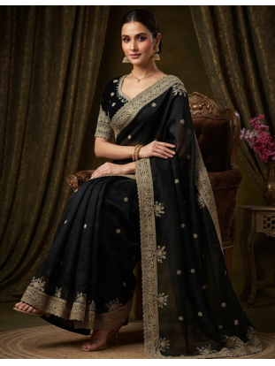 Black Color Embroidery And Sequance Work Satin Saree 1
