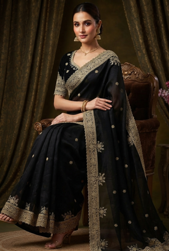 Black Embroidery And Sequance Work Satin Saree