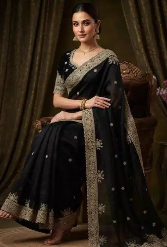 Black Color Embroidery And Sequance Work Satin Saree